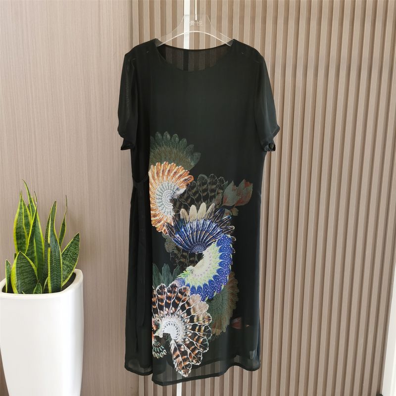 Dress Women's Summer New Arrival Hangzhou Middle-Aged and Elderly Summer Dress Middle-Aged Ladieswear Elegant Floral Silk Skirt