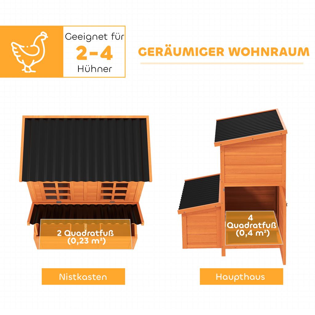 Chicken Coop with Nesting Box for 3-4 Chickens, Waterproof Roof, Fir Wood, Plastic, 100 x 86 x 100 cm, Orange