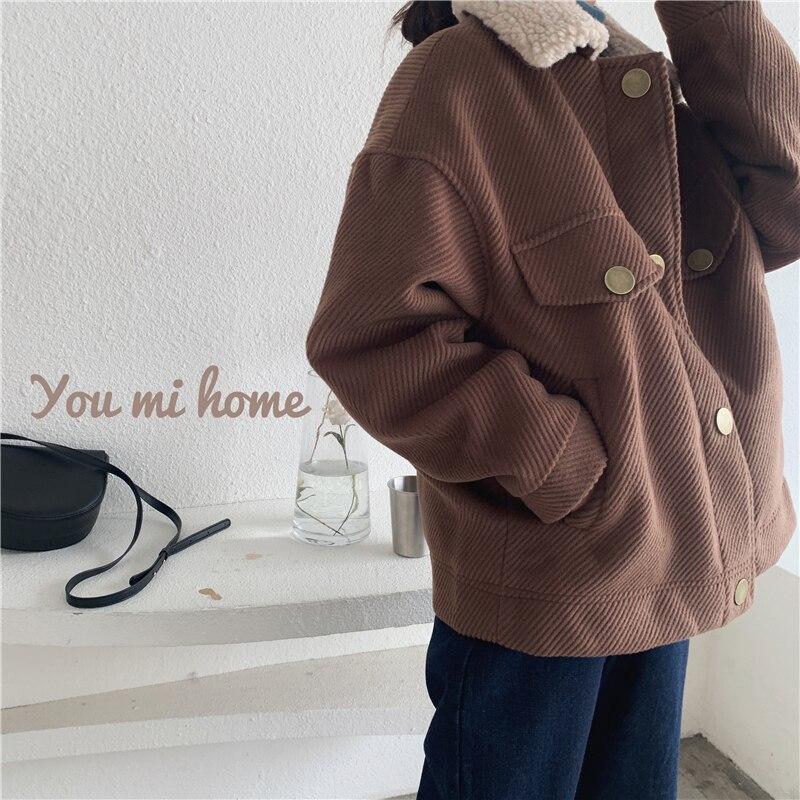 Turn-down Collar Women Jackets Autumn Winter Soft Warm Outerwear Oversize Wool Blends Pockets Short Coat