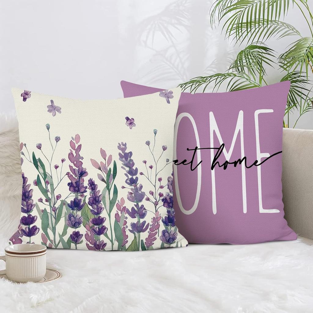Throw Pillow Covers 16x16 Inch Set of 4,Lavender Home Sweet Purple Pillow Cases for Couch Sofa Outdoor Home Decorations