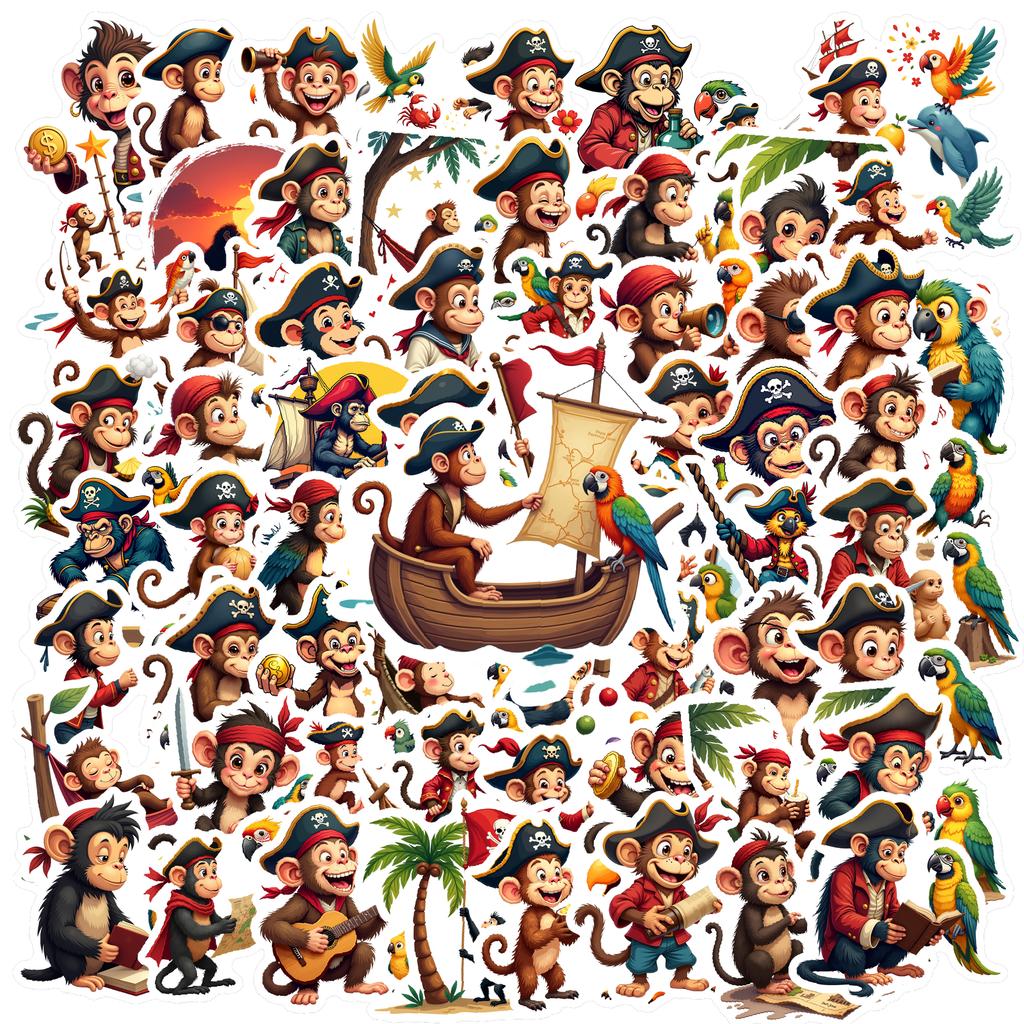 Waterproof Monkey Pirate Adventure Stickers! vinyl decals for laptops, luggage, and more. Fun animal themed stickers.