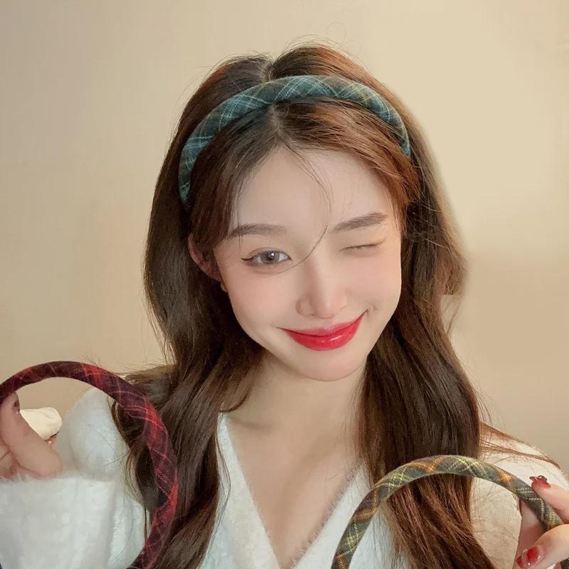 Французская ретро повязка на голову из губки женская в студенческом стиле клетчатая повязка для волос элегантный темперамент обруч для волос аксессуары для волос для девочек