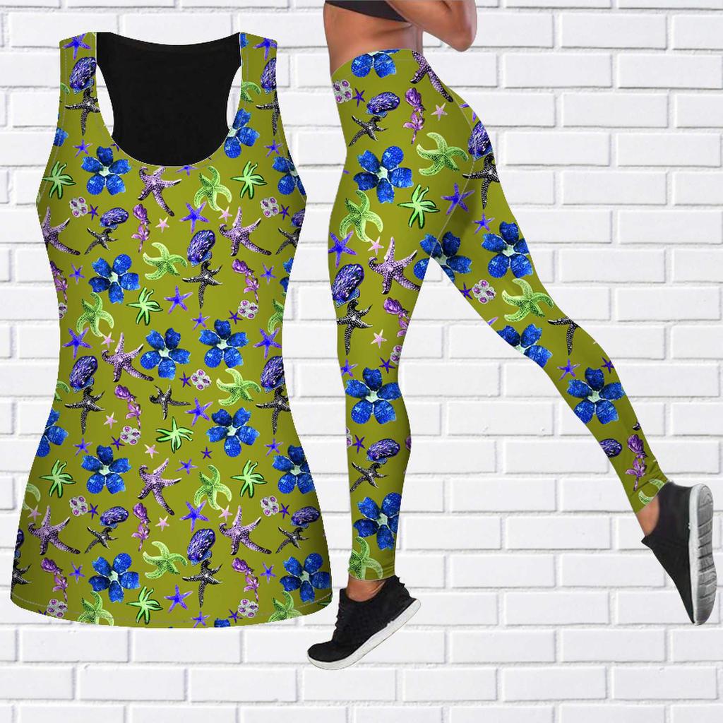 Фиолетовый наряд для йоги с принтом морской звезды для женщин, модные леггинсы для тренировок, спортивные повседневные штаны для фитнеса и йоги