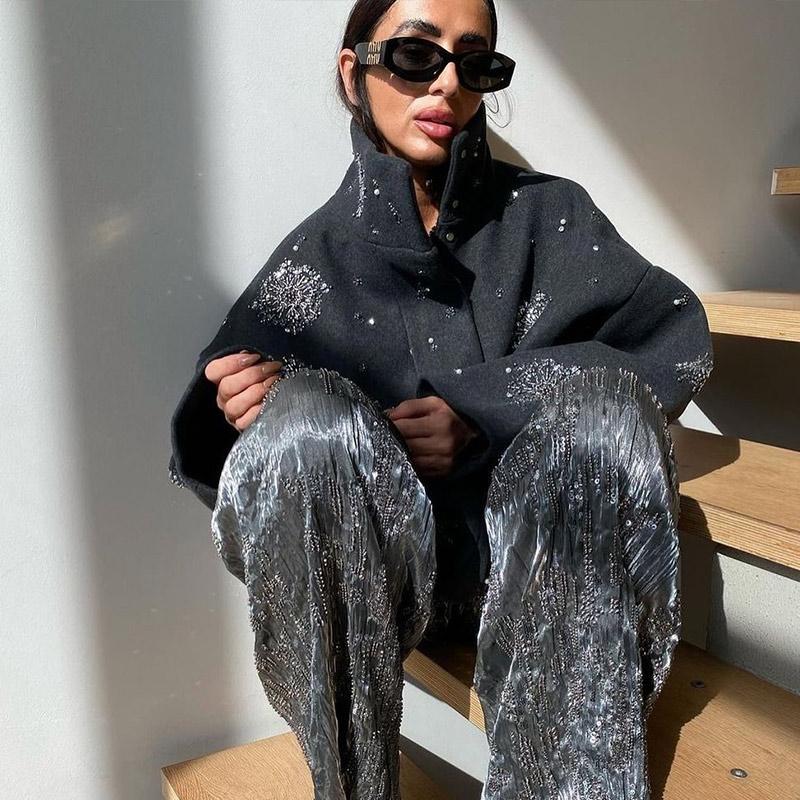 Casual Embroidery Beading Loose Women Coat Lapel Collar Bat Sleeve Solid Wool Blend Jacket 2025 Lady Luxury Spring Outerwear