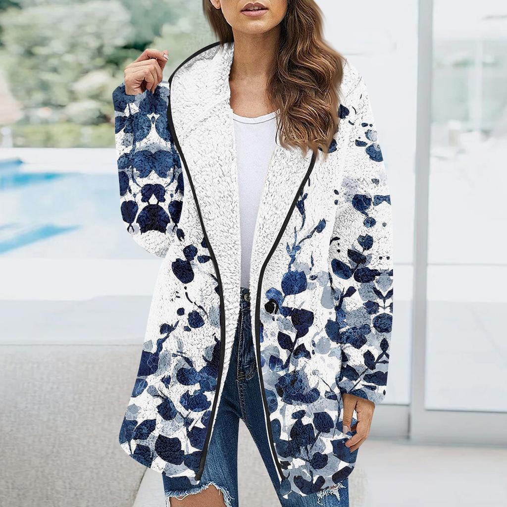 Женская модная зимняя плюшевая куртка с цветочным принтом и длинными рукавами