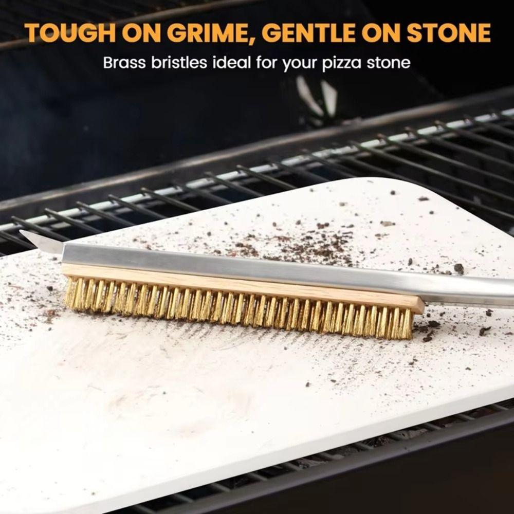 Wood Handle Grill Cleaning Brush with Scraper Pizza Stone Cleaner Brush for Oven