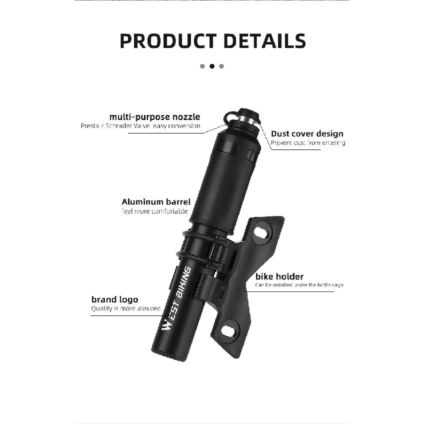 WEST BIKING Мини-портативный велосипедный насос 110 PSI Ручной воздушный насос Накачиватель шин для горного и шоссейного велосипеда С удлинительным шлангом Велосипедные аксессуары