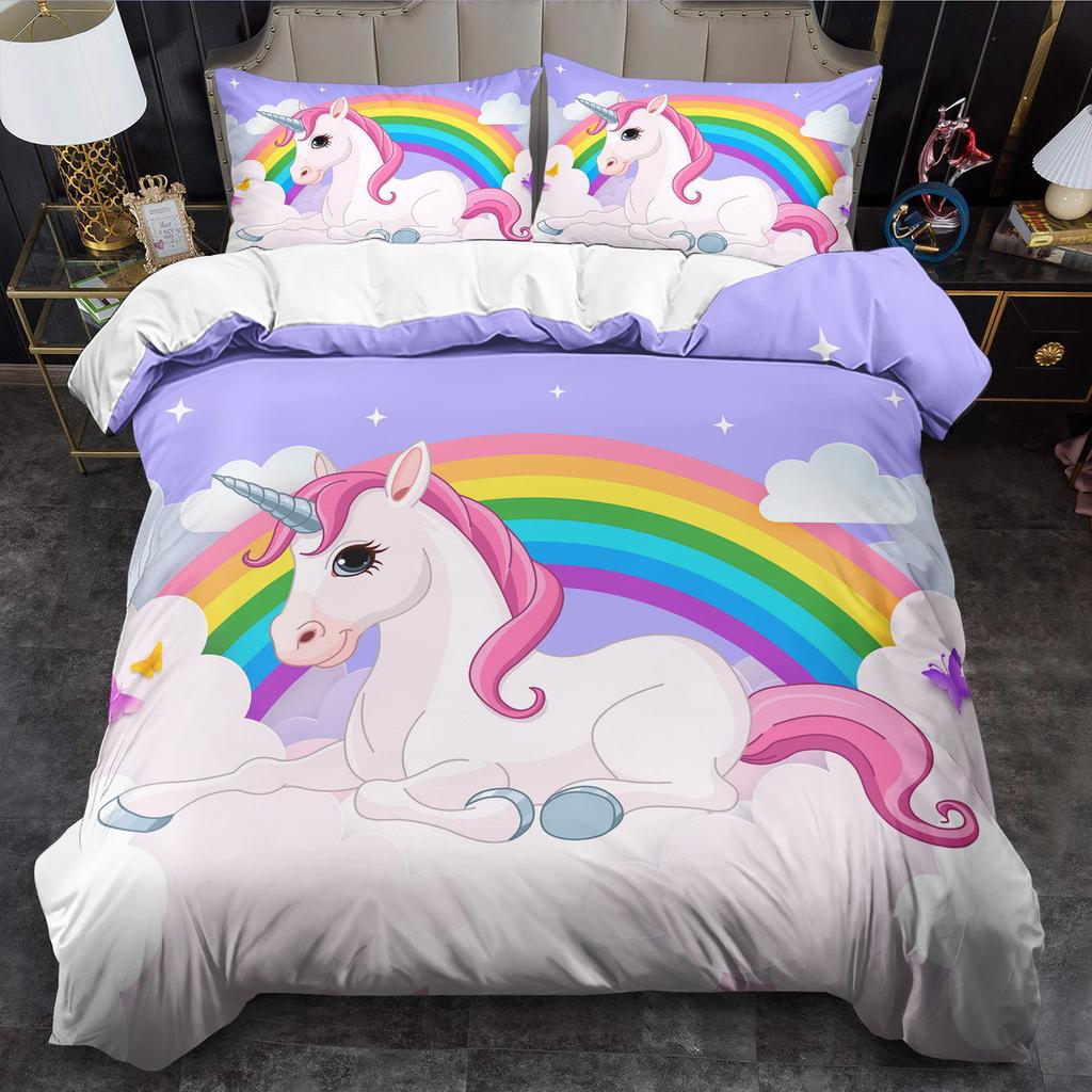 Rainbow Unicorn Three-Piece Digital Printing Kit Quilt Cover Bedding
