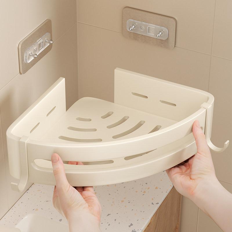No-drill Triangle Bathroom Shelf, Wall-mounted Storage Rack for Washing Room and Toilet, Cream Style