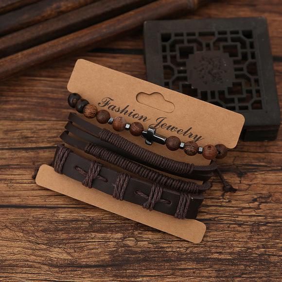 Мужской двухслойный черный кожаный браслет с желтым тигровым глазом и нержавеющей сталью