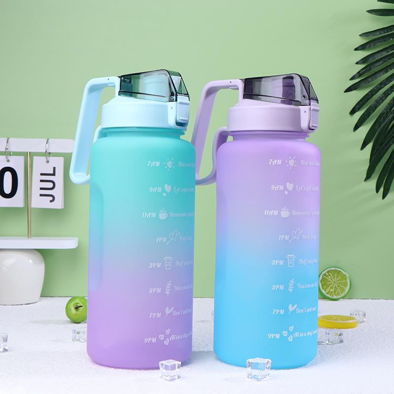 2L Large Capacity Water Bottle Straw Cup Gradient Color Plastic Water Cups With Time Marker Outdoor Fitness Sports Bottle
