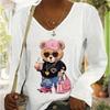 Bear Backpack Print Women Tshirts Ladies Tops Long Sleeve V-neck Pullover Femme T-shirts T Shirt For Women