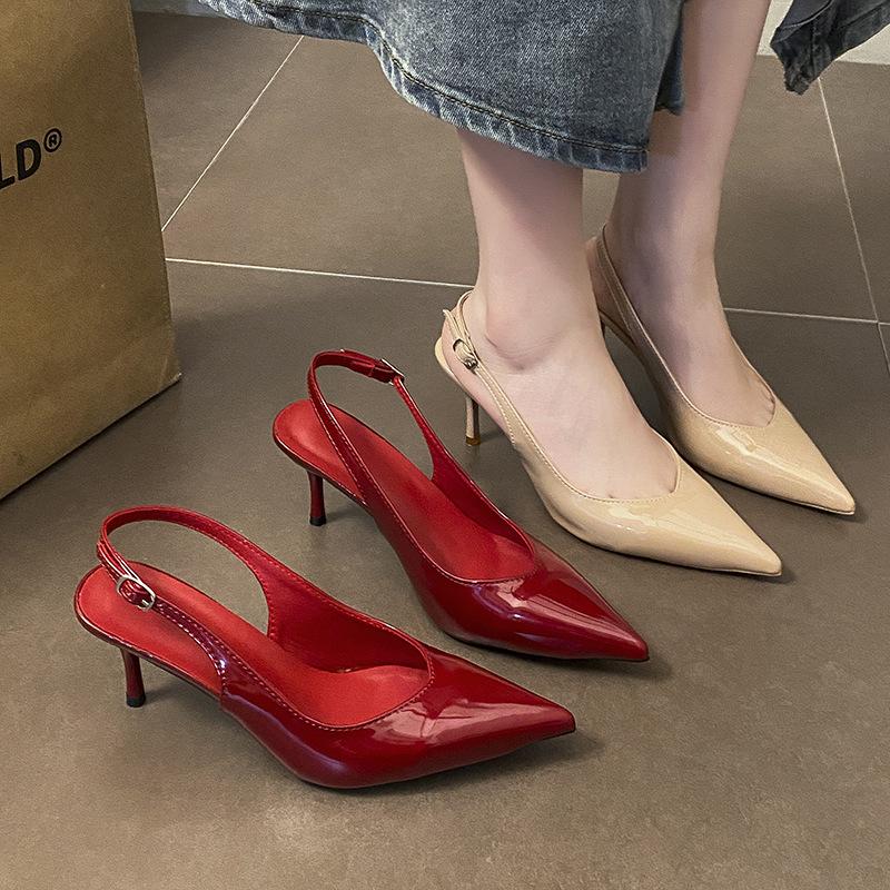 Nude high heels stiletto 2025 new summer fashion temperament pointed head with sexy bag head rear empty sandals