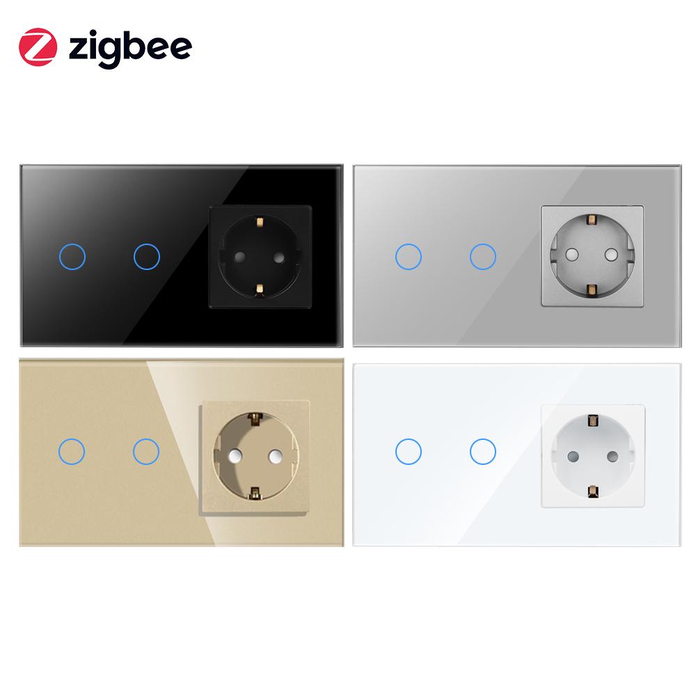WiFi Smart Life 1/2/3/4 Клавишный Светодиодный Двухполюсный Настенный Выключатель и Розетки Германии Сенсорная Панель Водонепроницаемый Прочный EU Стиль Стеклянная Панель