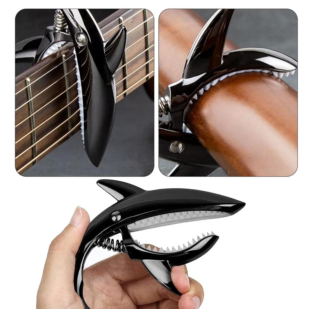 ESJNNK Capo Shark Shape Guitar Capo One Touch Guitar Capo Tast Alloy для с 6 медиаторами Прочный черный акустическая/электрическая гитара/укулеле