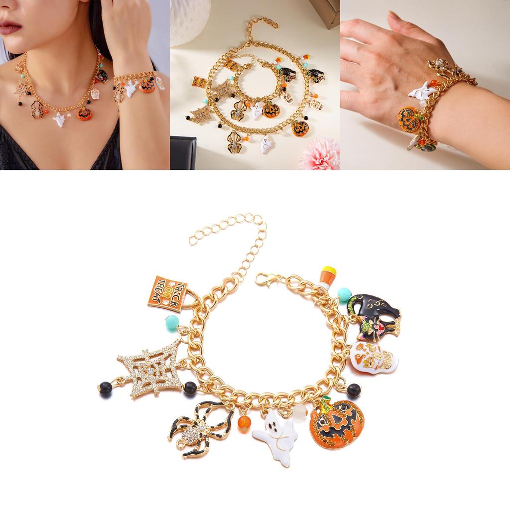 Pumpkin Skeleton Spider Charm Necklace And Bracelet In Alloy For Holiday Wear