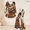 Women Plus Size Two Piece Set V Neck Three Quarter Sleeve Raccoon Pumpkin Printed Flared Top And Flared Pants