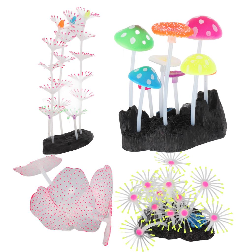 5Pcs Aquarium Ornament Glowing Silicone Simulation Aquarium Mushroom Coral Decoration for Fish Tank