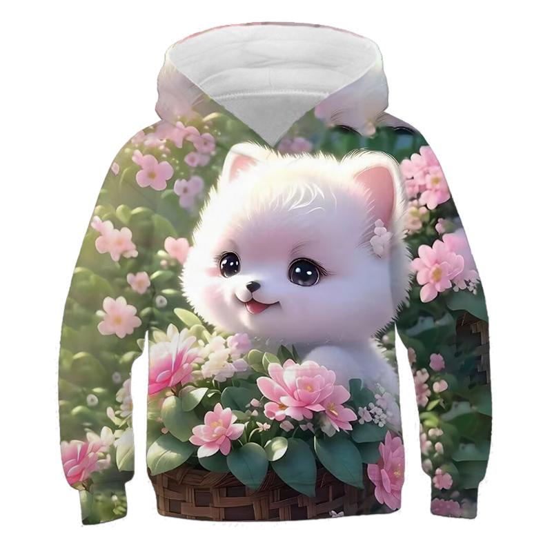 Детская одежда Толстовки с капюшоном для девочек с длинным рукавом и принтом 3D-кота для детей Весенне-осенняя одежда Повседневная милая одежда для девочек на открытом воздухе Топы