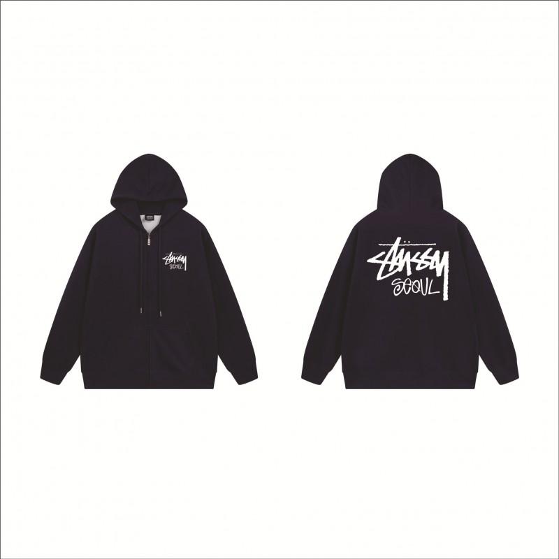 Stussy-Style Zip-Up Hooded Sweatshirt Men Oversized Cotton Long Sleeve Casual Graphic Pullover Jacket