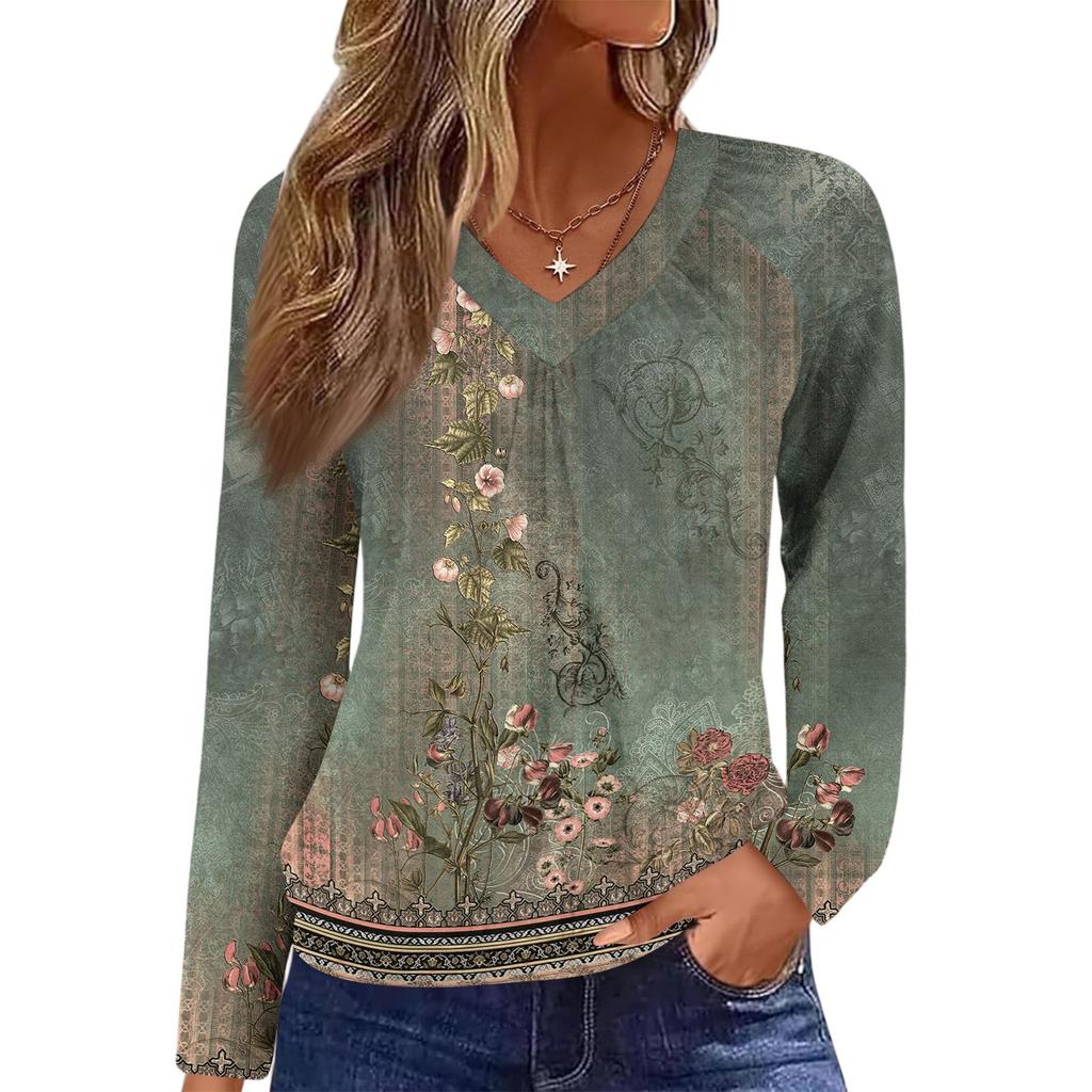 Женский повседневный модный топ с V-образным вырезом, регланом, плиссировкой, ретро-принтом и длинным рукавом