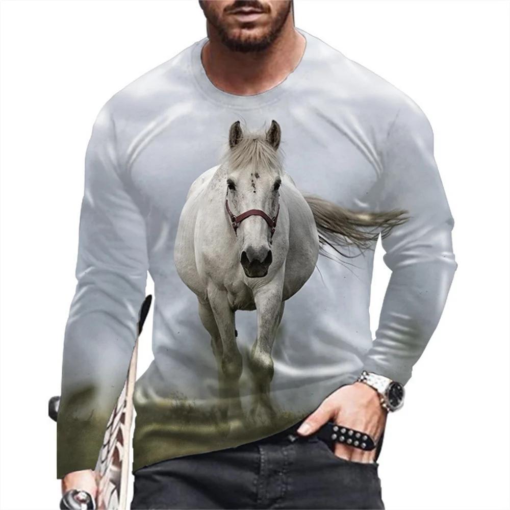 Animal Horse Pattern Printed Men's Long Sleeved T-Shirt Creative Personality Street Fashion Casual Quality Comfortable Clothing