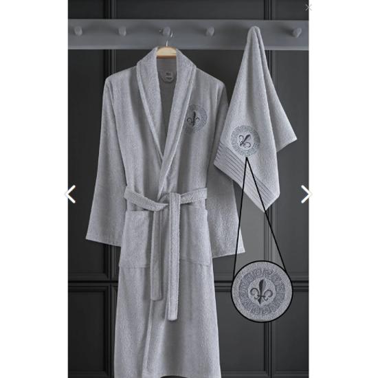 Alya Семейный халат из 4 предметов с вышивкой из хлопка Сиреневый I Серый