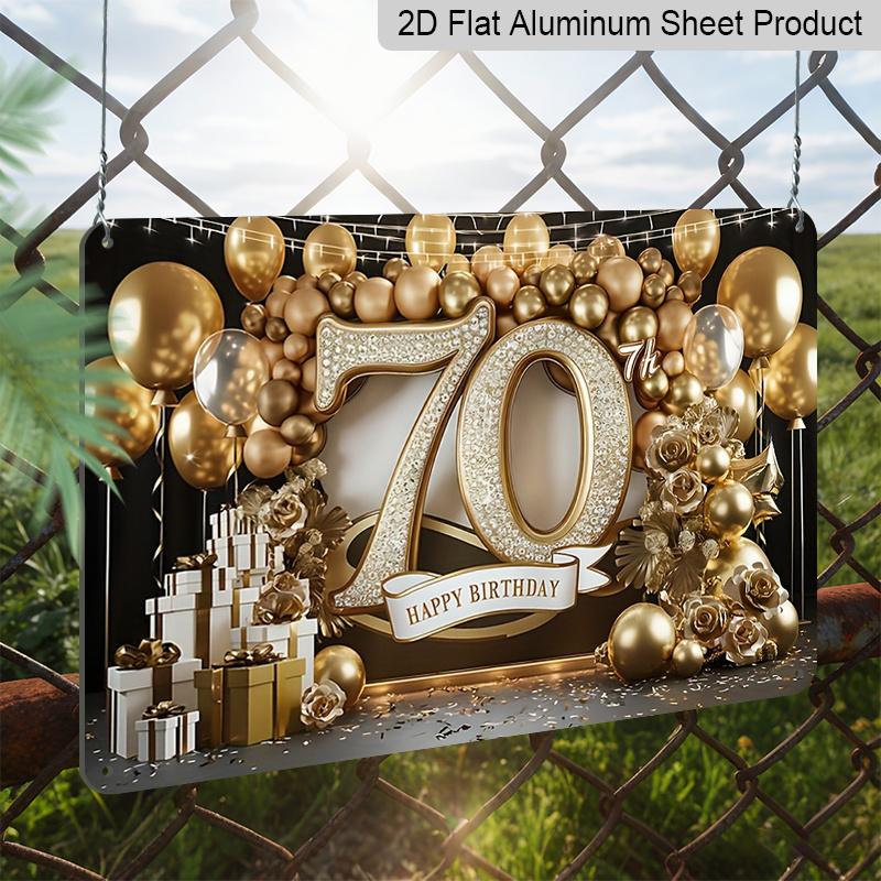 2D Плоская, 1 шт. Золотой Шарик-Табличка "С 70-летием" из Алюминия 12x8 Дюймов - Черно-Золотой Дизайн на 70-летие, Металлический Настенный Декор для 70-х