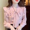 Fashion New 2024 Autumn Long Sleeve Bow Collar Casual Pink Ruffles Chiffon Blouse Shirt Women Tops Blouses Shirts J539