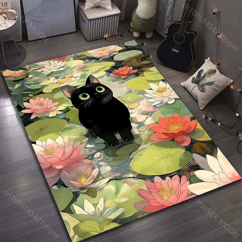 1PC Black cat in lily pond Pattern Rug Carpets for Bedroom Living Room Sofa Mat Creative Door Mat Cloakroom Home Decor