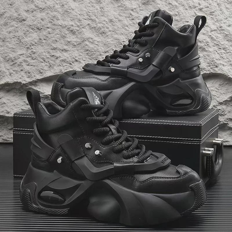 2024 Men's White High-Top Shoes with 12cm Invisible Height Increase, Air Cushion, Thick Sole, Fashionable Dad Sneakers