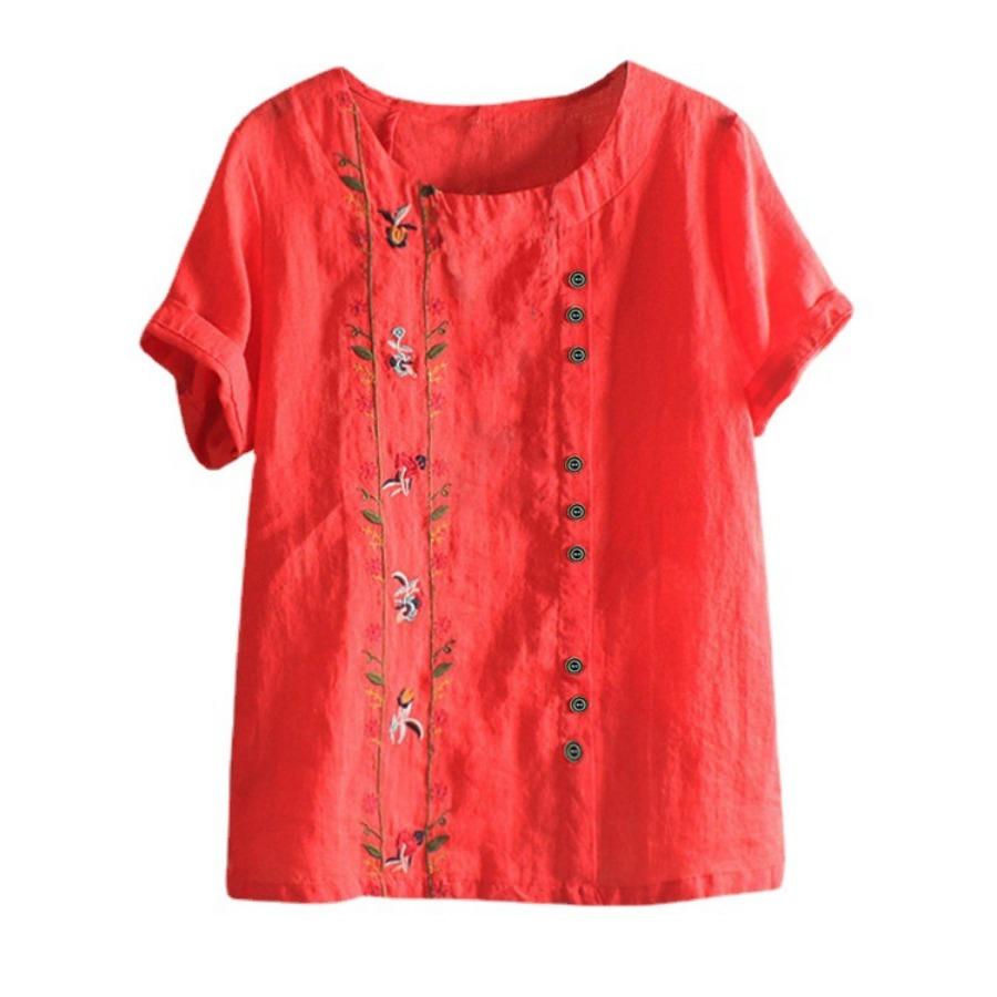 Женская футболка большого размера, хлопково-льняная блузка с вышивкой, футболки с короткими рукавами и пуговицами, летний топ, одежда для мам