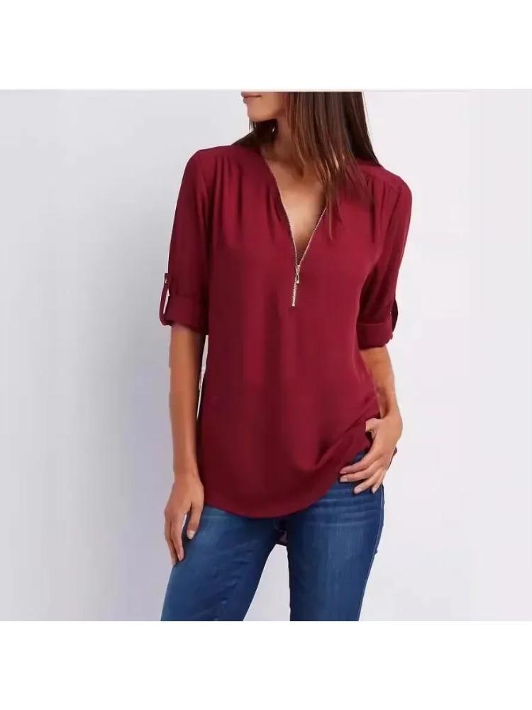 2025 Женская крутая свободная рубашка с глубоким V-образным вырезом, шифоновая модная блузка, повседневные женские топы, сексуальный пуловер на молнии, большие размеры