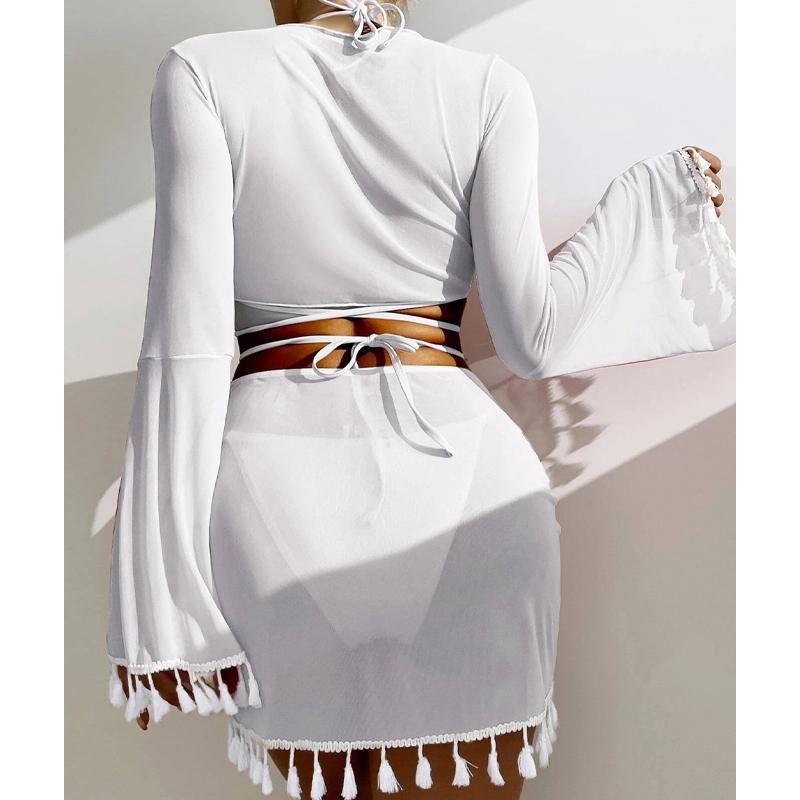 New Women's Split Four Piece Bikini Swimsuit Sexy Solid Lace Up Bikini Elegant Tassel Long Sleeve Fresh Beach Bikini