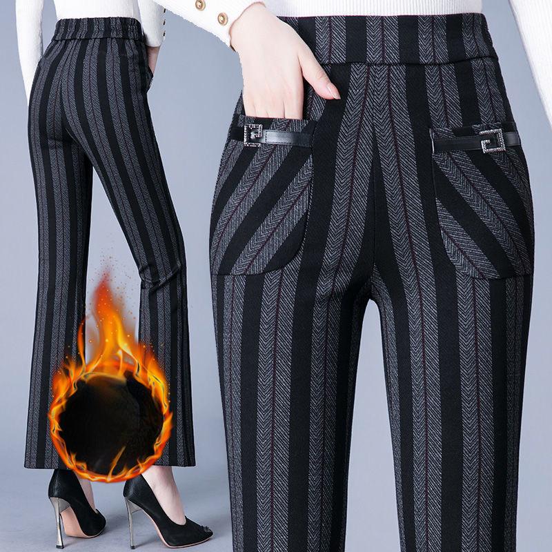 Женские зимние теплые узкие расклешенные брюки с высокой талией, повседневные широкие клетчатые брюки с подкладкой из плотной теплой ткани