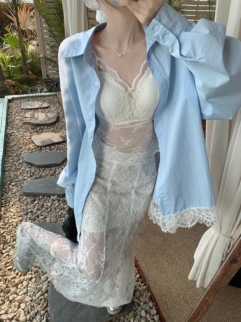 Женская синяя рубашка-жакет с кружевными вставками - корейский дизайн 2025 года, свободный крой, защита от солнца для лета