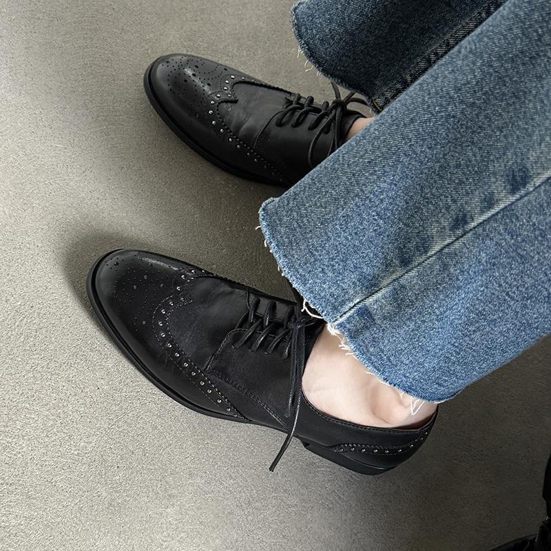 Fashion HOT SALE Spring/Autumn Women Loafers Genuine Leather Shoes for Women Round Toe Low Heel Women Pumps Casual Lace-up Oxford Shoes