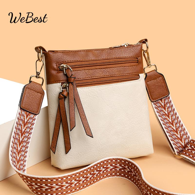 Vertical Multi Pocket Shoulder Crossbody Bag with Wide Strap