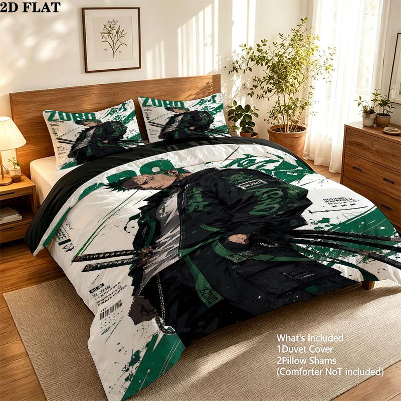 Roronoa Zoro One Piece Pattern Bedding Quilt Set Quilt Cover Pillowcase Home Birthday Gift(1 * duvet cover + 2 * pillowcase, without core)