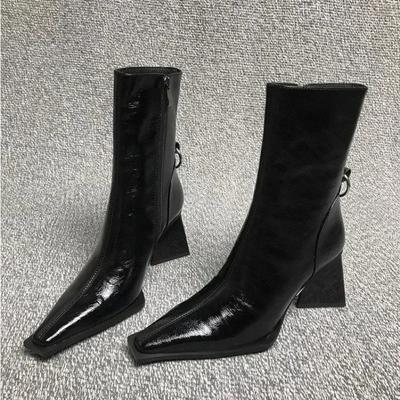 Осень Новые Маленький Квадратный Носок Толстый Высокий Каблук Короткие Сапоги Сапоги для верховой езды Высокие Каблуки Модные Сапоги Фигурный Треугольный Каблук 35-40