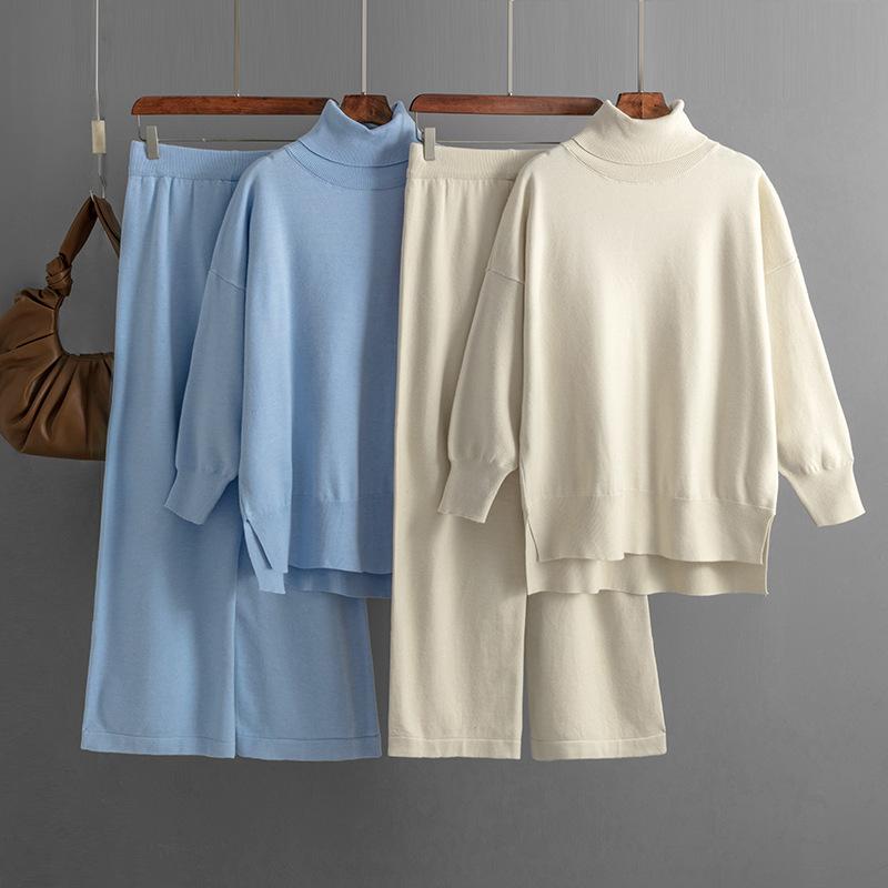 Autumn and Winter Women's Knitted Sweater Set High Neck Solid Color Slit Sweater Loose Casual Long Sleeve Tops Long PantsTwo Piece Set