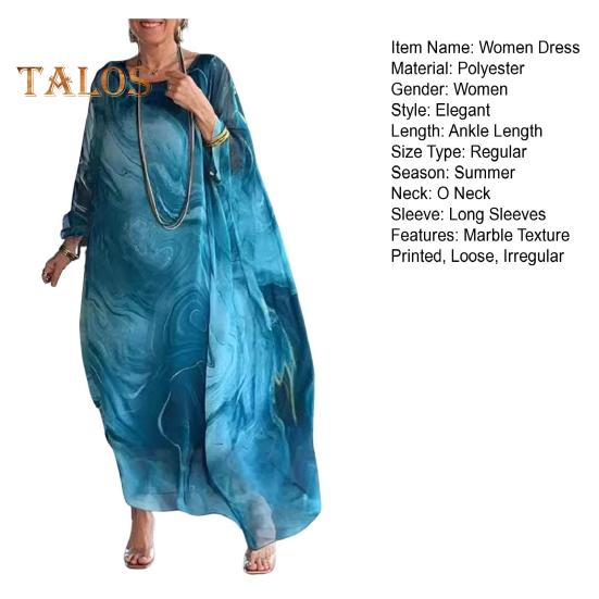 Женское платье макси с струящимся круглым вырезом и нерегулярными рукавами «летучая мышь», двухслойное мраморное платье с принтом, длина до щиколотки, повседневное платье макси