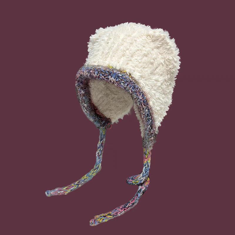 Lace-Up Bear Ears Plush Hat Women'S Winter Versatile Warm Ear Protection Knitted Hat Big Head Circumference Wool Hat