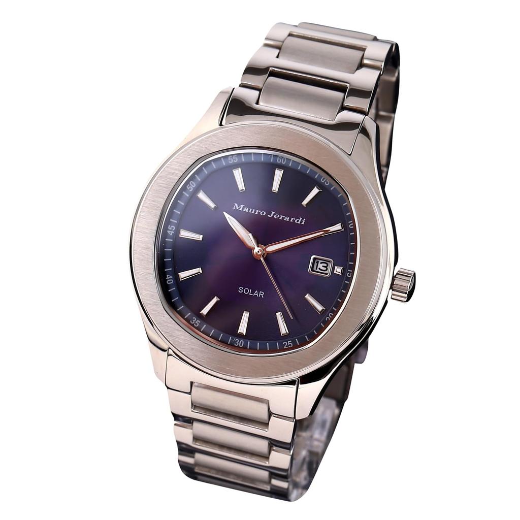 MAURO JERARDI MJ053-2 Men's Solar Stainless Steel Watch, Blue Sunburst Dial, Date Display, 3 ATM Water Resistant