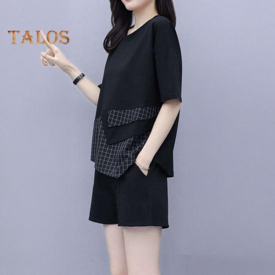 Женский летний комплект из двух предметов: свободный топ с короткими рукавами и круглым вырезом в клетку, широкие шорты, повседневный спортивный костюм для отдыха