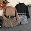 Toddler Girl Autumn Clothes Set, Ruffled Long Sleeve High Neck Ribbed Pullover + Houndstooth Print Shorts + Belt