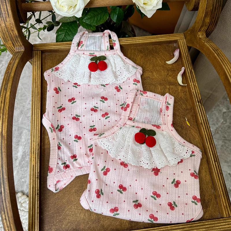 Pet Spring Cherry Jumpsuit Belly Clothes Air Conditioning Clothes Cat Cute Small Dog Bibi Teddy Home Sleepwear