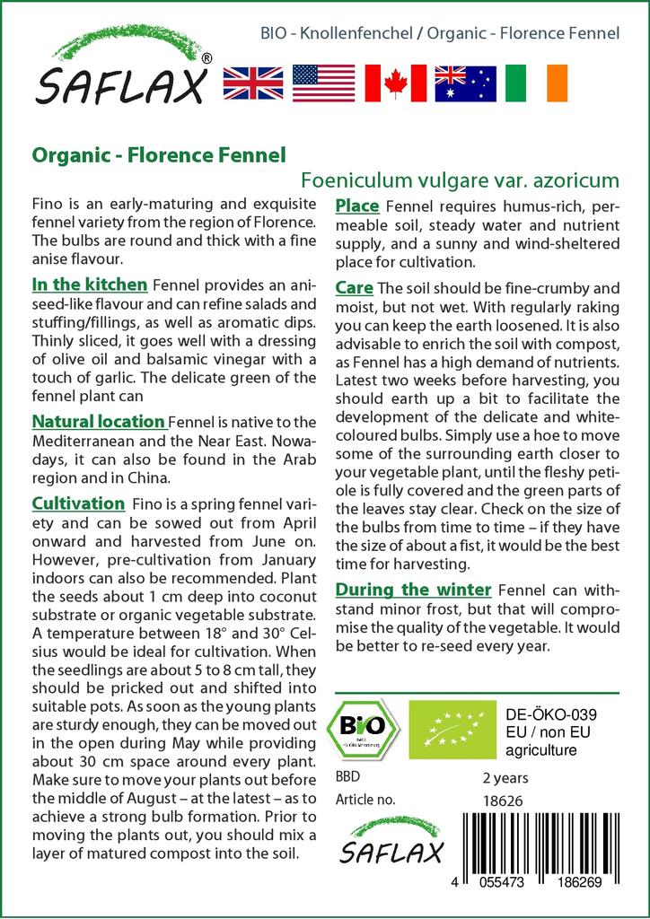 SAFLAX Garden in the Bag - Органический - Фенхель Флоренс - 100 семян - С субстратом в подходящем пакете - Foeniculum vulgare