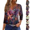 Women's Fashion Casual Carnival Print V-Neck Decorative Button Three-quarter Sleeve T-Shirt Top