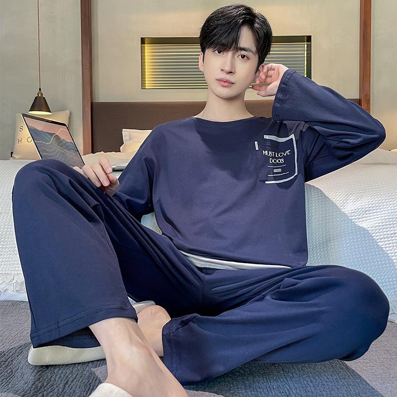 Men's Spring and Fall Men's Pajamas Cotton Homewear Suit Teenagers Simple Leisure Loose  Pajamas Homewear Suit